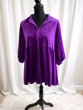 Vintage Purple Velvet Tunic Top Oversized Boho Retro Chic Soft Luxe